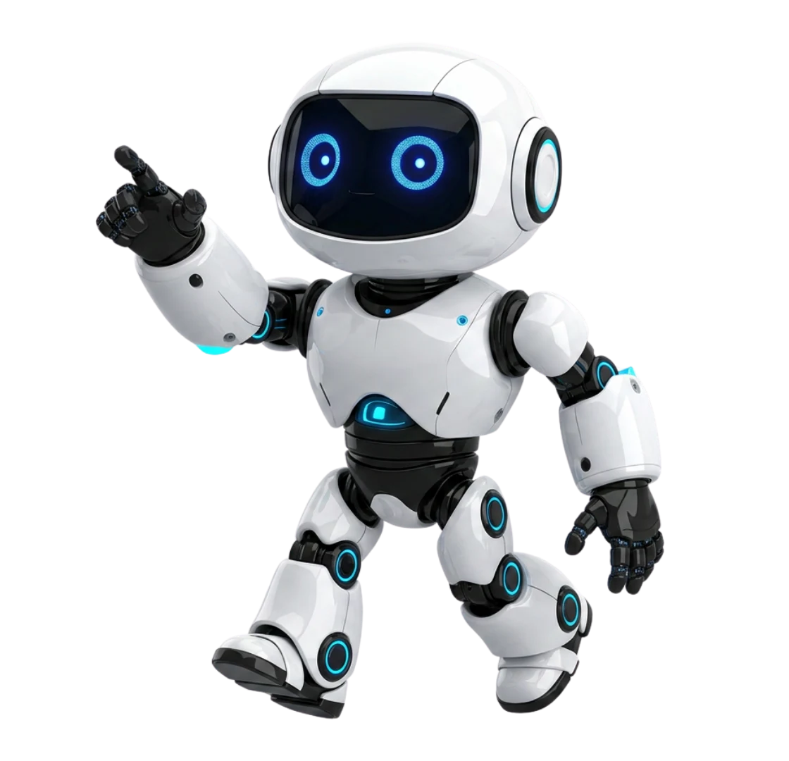 Mascote da 64 Studio™ apontando para a tecnologia